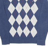 TOMMY HILFIGER Mens Patterned Jumper Blue Argyle V-Neck Tight Knit M