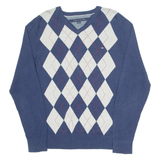 TOMMY HILFIGER Mens Patterned Jumper Blue Argyle V-Neck Tight Knit M