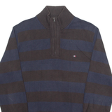 TOMMY HILFIGER Mens Jumper Brown Striped 1/4 Zip Tight Knit M