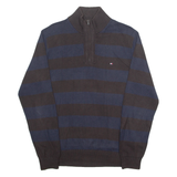 TOMMY HILFIGER Mens Jumper Brown Striped 1/4 Zip Tight Knit M