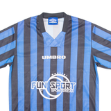 UMBRO Striped Boys Football Shirt Jersey Blue V-Neck M