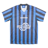 UMBRO Striped Boys Football Shirt Jersey Blue V-Neck M