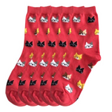 Anyfootwear 5 Pairs Red Cat Cotton Long Socks Size 5-9 High Quality Fashion Casual Office Sports Skateboard Knitted Crew Socks for Women