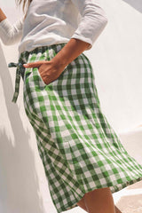 Bergen mid length linen skirt in Green Gingham