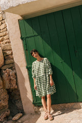 Sofia midi length linen dress in Green Gingham