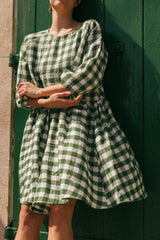 Sofia midi length linen dress in Green Gingham