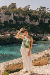 Ella pinafore linen top in Green Gingham