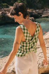 Ella pinafore linen top in Green Gingham