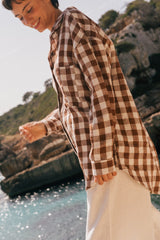 Molly oversized collar linen shirt in Mocha Gingham