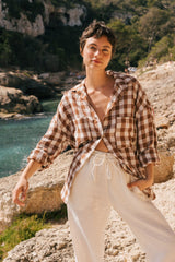 Molly oversized collar linen shirt in Mocha Gingham