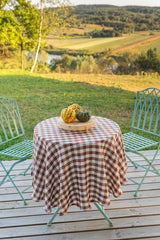 Round linen tablecloth in Mocha Gingham