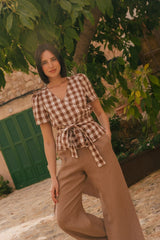 Elisa linen wrap top in Mocha Gingham