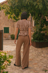 Elisa linen wrap top in Mocha Gingham