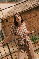 Elisa linen wrap top in Mocha Gingham