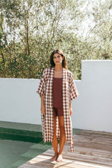 Midnight linen bathrobe in Mocha Gingham