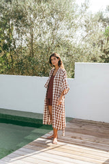 Midnight linen bathrobe in Mocha Gingham