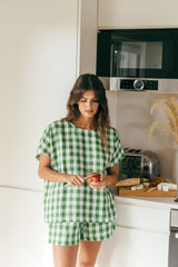 Cloud Nine short sleeve linen pajama set in Green Gingham
