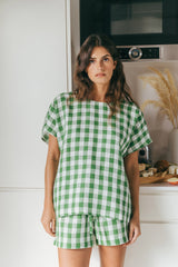 Cloud Nine short sleeve linen pajama set in Green Gingham