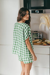 Cloud Nine short sleeve linen pajama set in Green Gingham