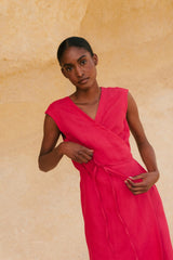 Aurora mid length linen dress in Viva Magenta