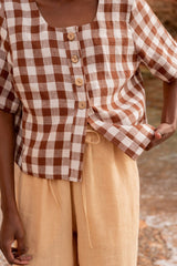 Maeve button linen top in Mocha Gingham