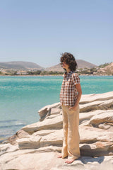 Scarlett short sleeve linen shirt in Mocha Gingham