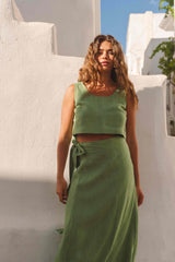 Pippa sleeveless linen crop top in Matcha Green