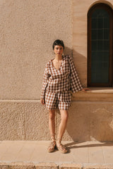 Adele linen wrap top in Mocha Gingham