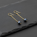 Gold Drop Chain Black Pearl Earrings