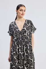 Deep V-neck Maxi Dress with Front Gathers in Black Florals