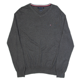 TOMMY HILFIGER Mens Jumper Grey V-Neck Tight Knit M