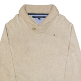 TOMMY HILFIGER Mens Jumper Beige Button Neck Tight Knit S