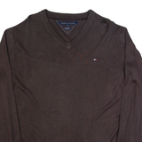 TOMMY HILFIGER Mens Jumper Brown V-Neck Tight Knit XL