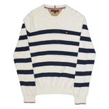 TOMMY HILFIGER Mens Patterned Jumper Beige Striped V-Neck Tight Knit S