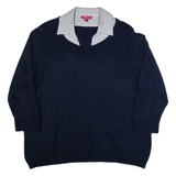 MONSOON Womens Jumper Blue Collared Tight Knit 3/4 Sleeve Wool UK 22