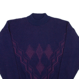 Mens Patterned Jumper Blue Diamond High Neck Open Knit L