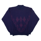 Mens Patterned Jumper Blue Diamond High Neck Open Knit L
