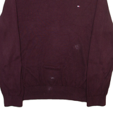TOMMY HILFIGER Mens Jumper Maroon V-Neck Tight Knit M