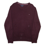TOMMY HILFIGER Mens Jumper Maroon V-Neck Tight Knit M
