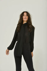 Black Long Sleeve Mandarin Blouse w/ Removable Bow