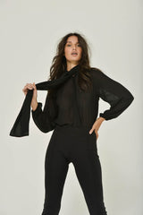 Black Long Sleeve Mandarin Blouse w/ Removable Bow