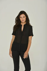 Black French Chiffon Split-Neck Short Sleeve Top