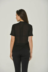 Black French Chiffon Split-Neck Short Sleeve Top