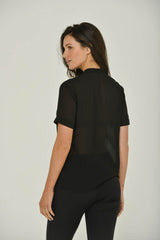 Black French Chiffon Split-Neck Short Sleeve Top