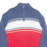 TOMMY HILFIGER Mens Patterned Jumper Red Striped 1/4 Zip Tight Knit L