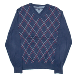 TOMMY HILFIGER Mens Patterned Jumper Blue Argyle V-Neck Tight Knit M