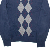 TOMMY HILFIGER Mens Patterned Jumper Blue Argyle V-Neck Tight Knit M