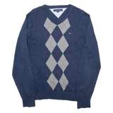TOMMY HILFIGER Mens Patterned Jumper Blue Argyle V-Neck Tight Knit M