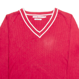 TOMMY HILFIGER Mens Jumper Red V-Neck Tight Knit L