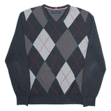 TOMMY HILFIGER Mens Jumper Grey Argyle V-Neck Tight Knit M
